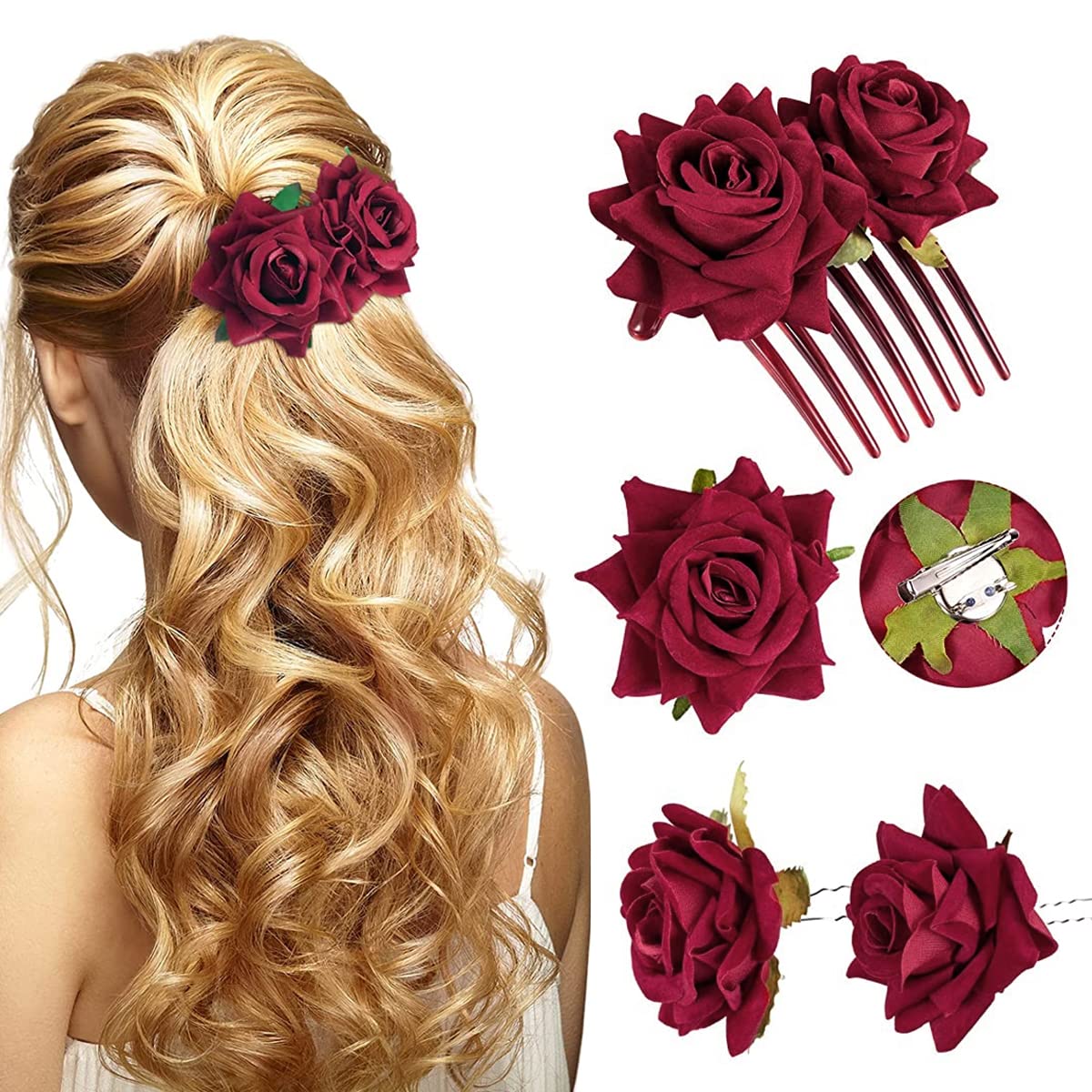 GUSTAVE Set of 4 Stylish Rose Bridal Floral Hair Pin Clips & Hair Accessories with Side Comb for Women Girl Party, party, Princess, Dating GUSTAVE Set of 4 Stylish Rose Bridal Floral Hair Pin Clips & Hair Accessories with Side Comb for Women Girl Party, party, Princess, Dating